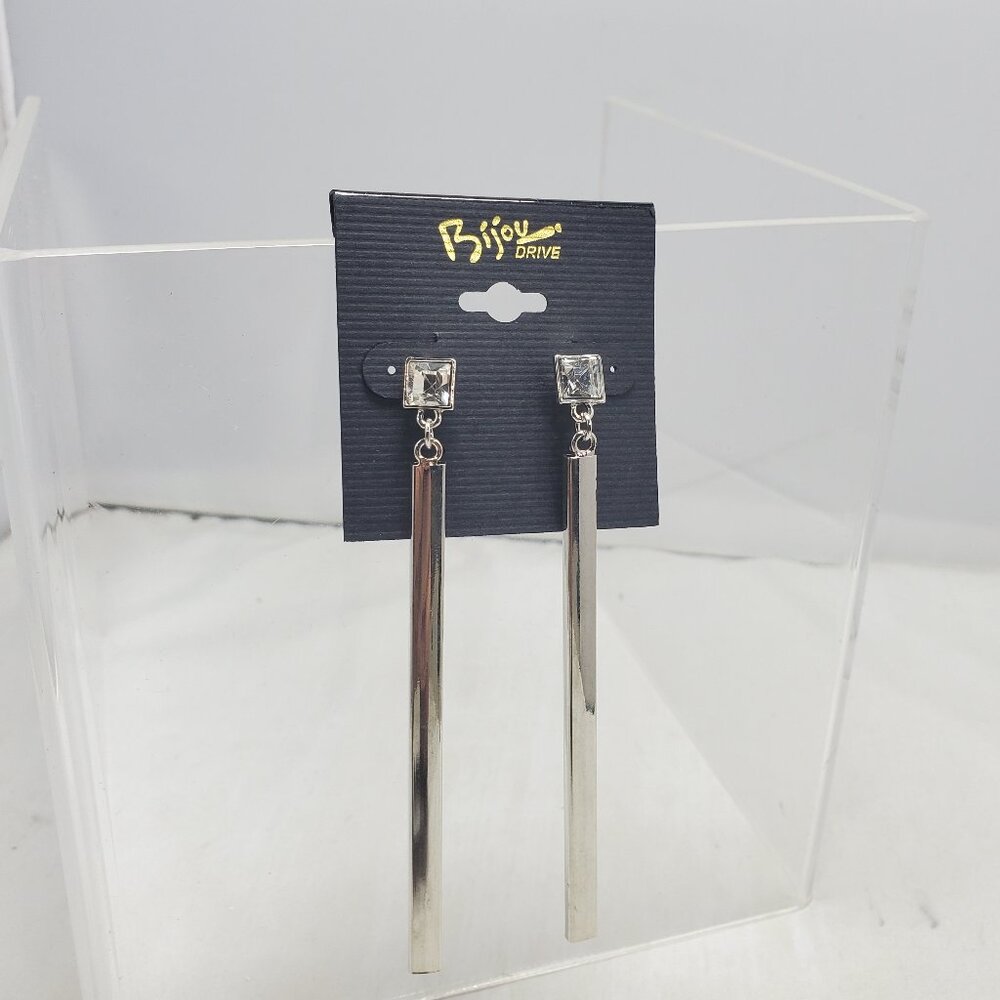 Bijou rhinestone with silver-tone dangling bar pierced earring